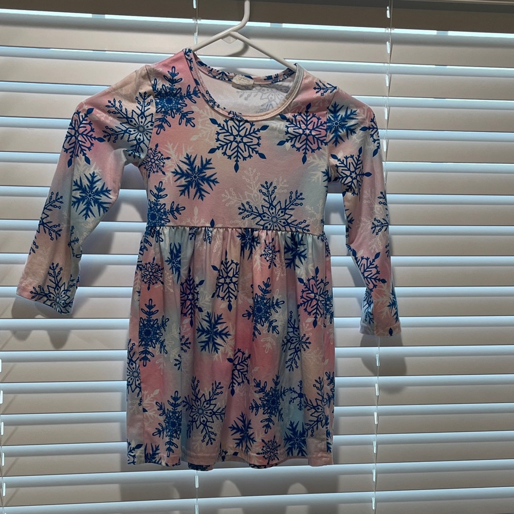 Snowflake Patterned Pink and Blue Girls Dress
